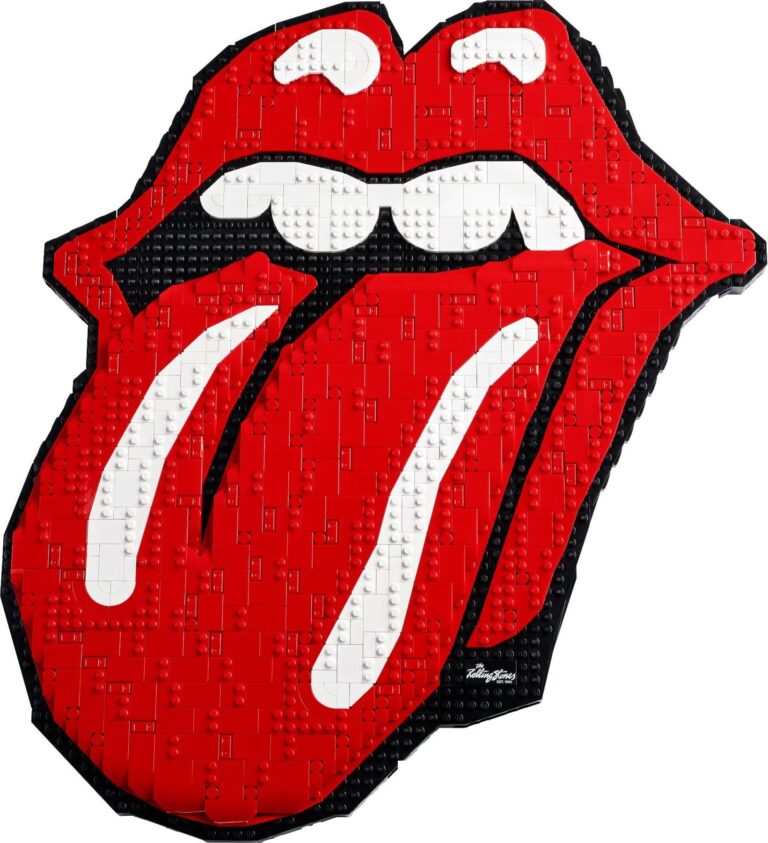 Il LEGO Art 31206 The Rolling Stones completato su sfondo bianco: il logo rosso con labbra e lingua, riflessi e denti bianchi, contorno nero e una piccola piastrella nera in basso a destra